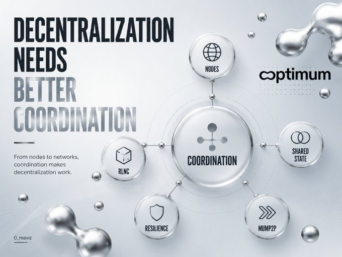 A graphic titled 'DECENTRALIZATION NEEDS BETTER COORDINATION' featuring a central 'COORDINATION' node connected to surrounding nodes labeled 'NODES', 'SHARED STATE', 'MUMP2P', 'RESILIENCE', and 'RLNC', with the 'optimum' logo in the corner.