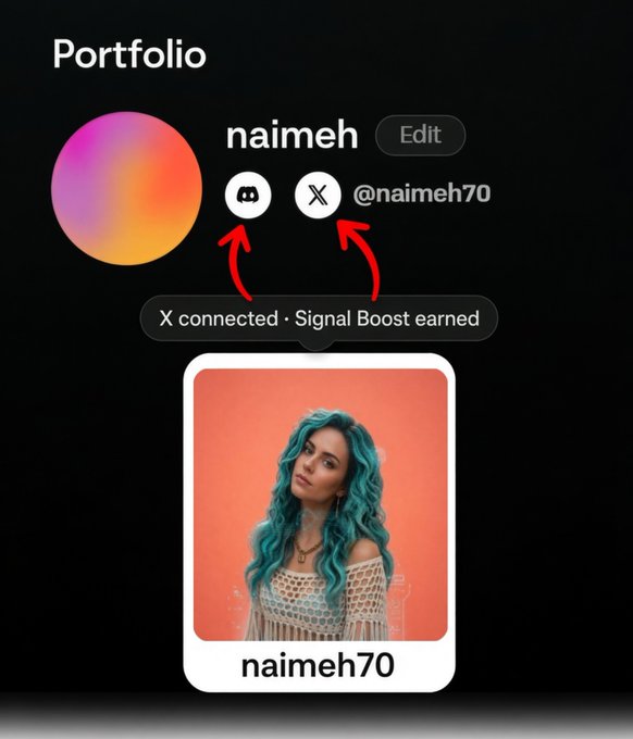 A screenshot of a portfolio profile for 'naimeh' (@naimeh70) shows connections to Discord and X accounts, earning a 'Signal Boost', with a profile picture of a woman with blue hair.