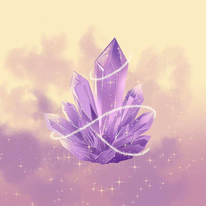 A cluster of purple crystal formations floats against a dreamy pastel sky filled with soft clouds and sparkles, with a glowing ring of stardust swirling around the crystals. The mystical, ethereal artwork complements the NFT giveaway post by visually representing the "stones forged under pressure" theme of The Granites collection.