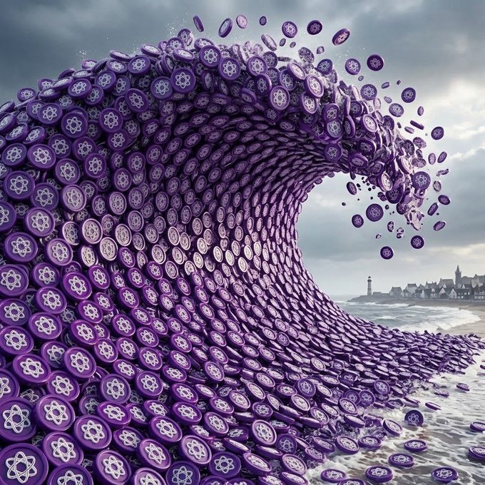 An artistic image of a massive purple wave made of Polygon's MATIC cryptocurrency tokens crashing against a shoreline with a lighthouse.