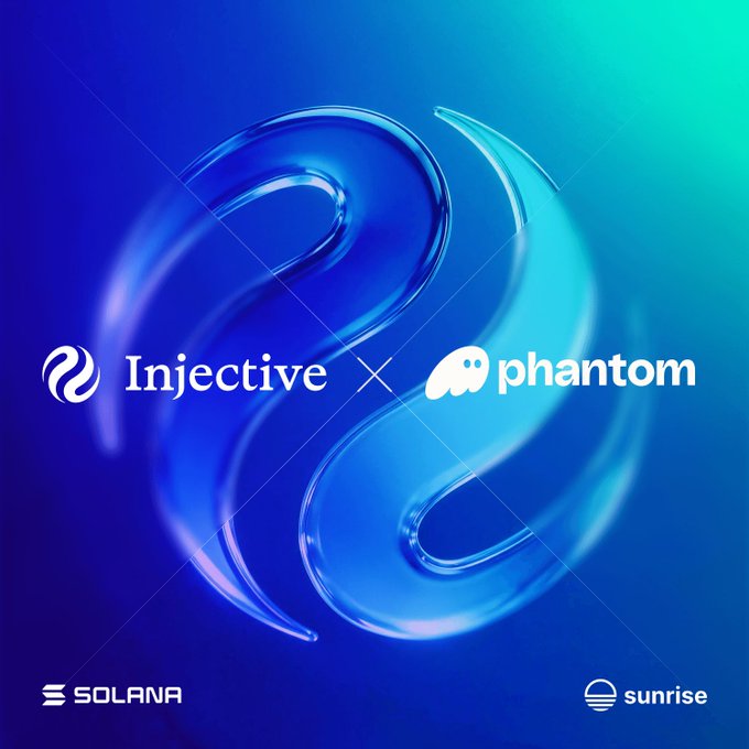 Promotional graphic showing the Injective x Phantom collaboration with a swirling blue liquid background, featuring Solana and Sunrise logos at the bottom.