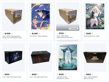 A product grid showing various anime and trading card game booster boxes and decks for sale, including PRISMA Bizarre Box Case (PREMIUM), Apex Darkness Booster Box Case, PARAGON Booster Box Case, and Hololive EN cards.