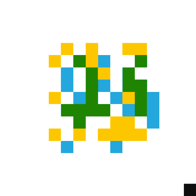 A pixel art graphic composed of yellow, green, and blue squares arranged on a white background.
