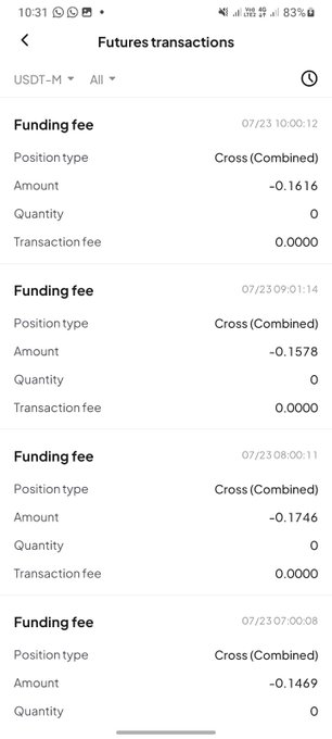 A mobile screenshot of 'Futures transactions' on a USDT-M trading platform, showing a series of negative 'Funding fee' entries dated 07/23 with 'Cross(Combined)' position types.