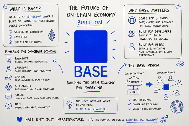 The image features a whiteboard with blue text, discussing the future of the on-chain economy. It includes various illustrations and explanations about the concept of base, which is an essential part of the on-chain economy. The focus on the base suggests that this particular aspect of the economy might be the central theme or idea being discussed in the post.