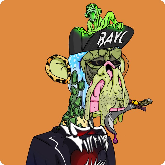 A cartoon illustration of a zombie-like ape wearing a black BAYC cap, with a smaller green zombie ape on top of its head, dripping green slime, and holding a bloody knife.
