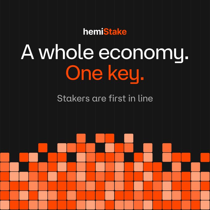 An advertisement for hemiStake with the tagline 'A whole economy. One key. Stakers are first in line' over an orange pixelated graphic.