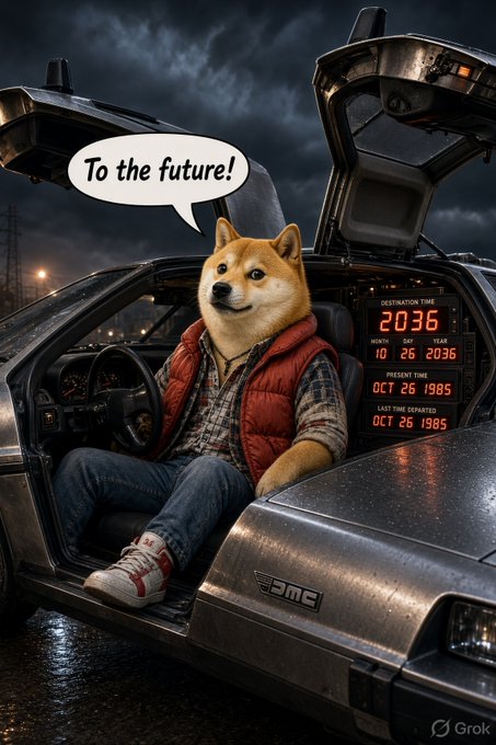 An AI-generated image showing a Shiba Inu dog with a human body wearing a plaid shirt and red puffer vest, sitting in the driver's seat of a DeLorean-style time machine with 'To the future!' in a speech bubble.