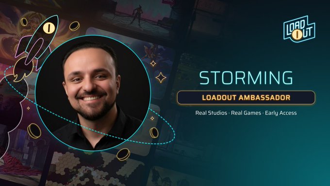 The image features "Storming," a Loadout Ambassador for Real Studios, with the Loadout logo visible, promoting indie game funding access through Loadout Protocol. The accompanying post highlights his enthusiasm for the platform's role in providing alternative funding for game studios and teasing upcoming content.