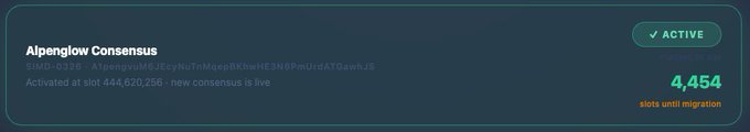 A digital interface displays "Alpenglow Consensus" with the status "ACTIVE", showing 4,454 slots until migration.