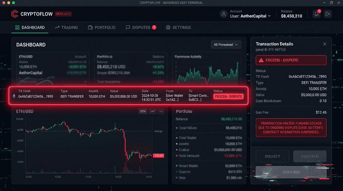 A CRYPTOFLOW Advanced DeFi Terminal dashboard showing a 'FROZEN - DISPUTE' transaction (10,000 ETH / $5,900,000.00 USD) for user AetherCapital, with the ETH/USD price chart, portfolio balances, and a transaction details panel highlighting a halted fund lock and contract interaction suspension.