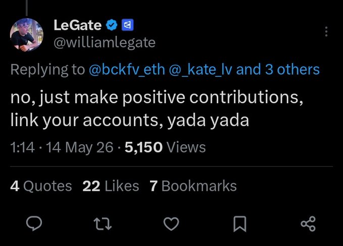 A tweet from verified user LeGate (@williamlegate) replying to @bckfv_eth, @_kate_lv and 3 others, reading "no, just make positive contributions, link your accounts, yada yada" — posted on 14 May 26, gaining 5,150 views, 22 likes, 7 bookmarks, and 4 quotes, which aligns with the post's advice about how to genuinely earn $POLY engagement rather than farming it through negativity.