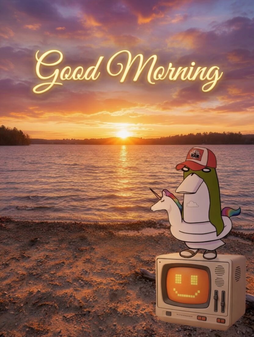 The image features a cartoon unicorn standing next to an old television set that has a smiley face drawn on it. The text "Good Morning" is written above the unicorn, and there are several other words related to the morning market, such as "bankrbot", "eth", "sol", "bnkr", "drb", "lfi", "aeon", "grid", "vvv", and "blocktronics". The combination of the cartoon character and the television set creates a fun and whimsical atmosphere that is related to the morning market.