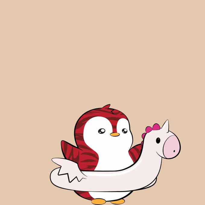 Cartoon illustration of a red-and-white striped penguin character hugging a small white unicorn-like creature with a pink mane on a beige background.