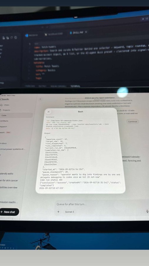 A computer screen displays a code editor with a terminal popup showing JSON output from a 'run run status' command, revealing pipeline execution status as 'success' with completed checkpoints and timestamps from September 2026.