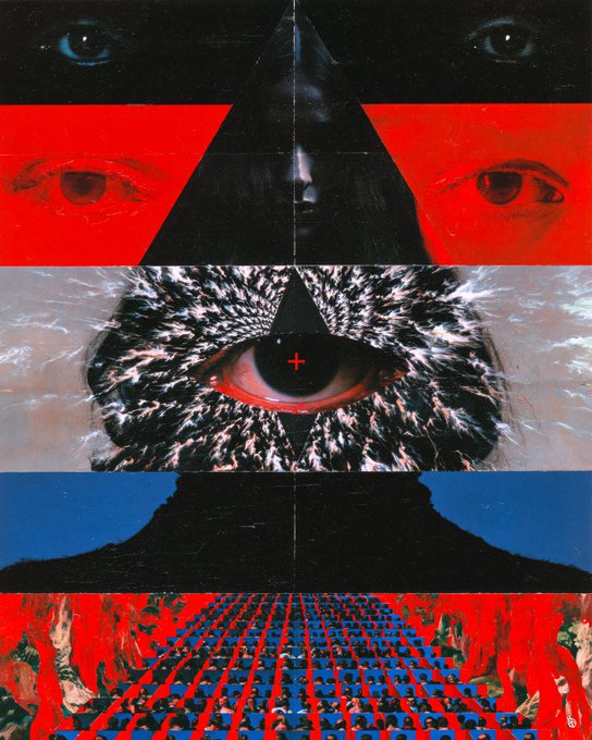 A psychedelic collage artwork featuring a central triangular shape, multiple eyes, and rows of hands against red and black backgrounds.