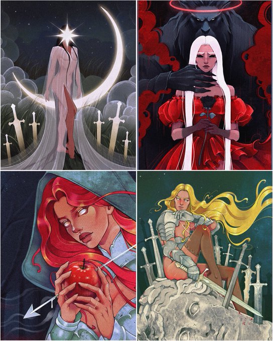 A four-panel fantasy illustration showing a white-robed figure with a crescent moon and swords, a white-haired woman in red with a dark shadow figure and halo, a red-haired hooded figure holding an apple pierced by an arrow, and a blonde warrior woman sitting on a skull with swords.