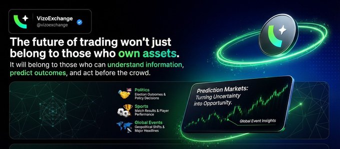 A promotional banner for @VizoExchange (@vizoexchange) featuring a glowing 3D logo and a stock chart graphic, with the tagline "The future of trading won't just belong to those who own assets. It will belong to those who can understand information, predict outcomes, and act before the crowd." alongside icons linking politics, sports, and global events to prediction market insights.