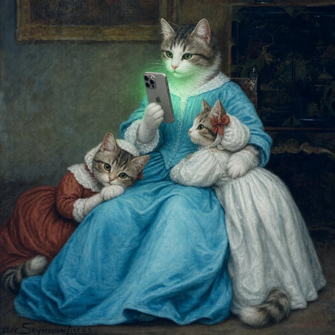 Whimsical artwork styled as a classical painting depicting a mother cat in a blue Victorian dress holding a glowing iPhone, with two kitten children in period clothing beside her.