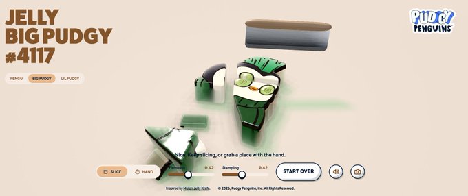 A 3D modeling software interface shows a green jelly character labeled 'JELLY BIG PUDDY #4117' from Pudgy Penguins, with options for 'SLICE' and 'HAND' tools.