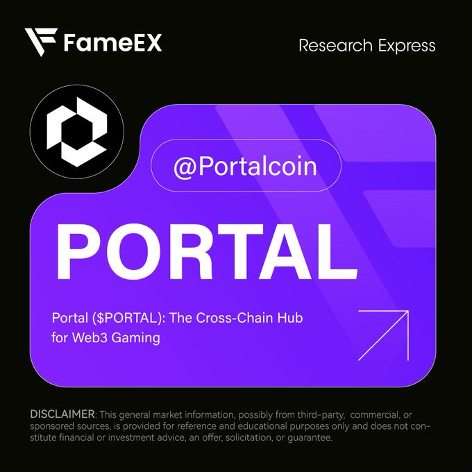A FameEX Research Express graphic promoting @Portalcoin ($PORTAL) as 'The Cross-Chain Hub for Web3 Gaming'.