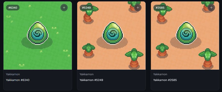 Three pixel-art NFT cards from a 'Yakkamon' collection, showing egg-shaped creatures with #6340 on grass and #5249 and #2585 on dirt terrain.