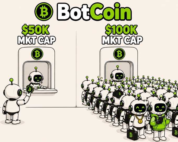 A cartoon meme for 'BotCoin' cryptocurrency showing the contrast between a $50K market cap with one lonely bot and a $100K market cap with a crowd of bots at booths.