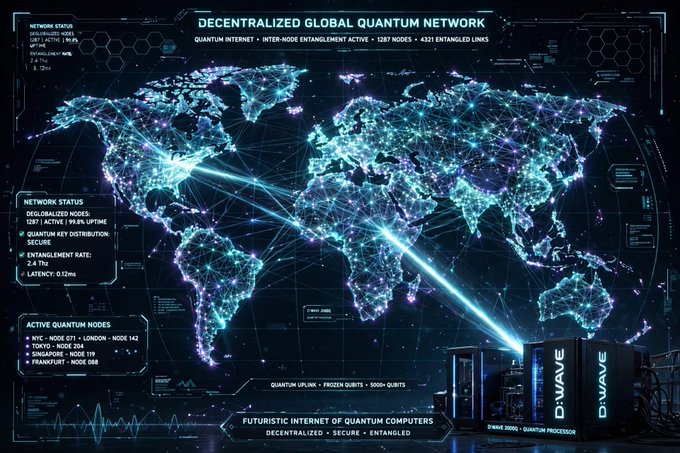 A futuristic dashboard displays a "Decentralized Global Quantum Network" with 1287 nodes and 4321 entangled links across a world map, featuring active quantum nodes in NYC, London, Tokyo, Singapore, and Frankfurt, alongside a D-Wave 2000Q Quantum Processor with 99.8% uptime and 0.12ms latency. The image visually supports the post's argument by contrasting traditional blockchain's centralized vulnerabilities with Quip Network's decentralized quantum computing architecture built on D-Wave hardware.