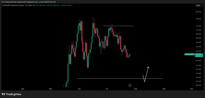 The provided chart displays the HYPEUSDT perpetual contract, showing its price action from April to August 2026. The accompanying post indicates a bearish outlook, with a target for shorting the asset between $52 and $49.