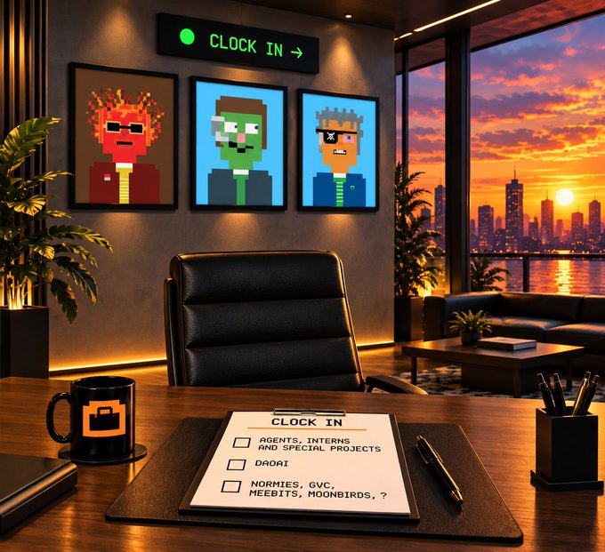 A pixel art style office scene features a desk with a 'CLOCK IN' checklist, a coffee mug, and framed pixelated portraits on the wall, with a sunset cityscape visible through the window.