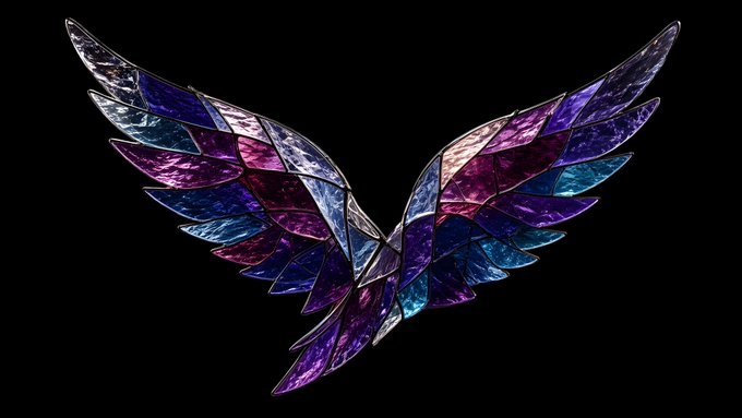 A pair of ornate stained-glass style angel wings in shades of purple, blue, pink, and silver against a black background.