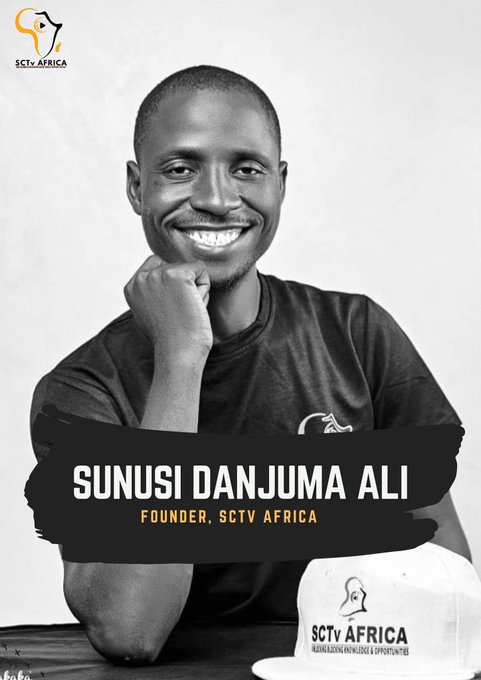 The image shows a black-and-white portrait of Sunusi Danjuma Ali, identified as the Founder of SCTV Africa, smiling with his hand on his chin alongside an SCTV Africa branded cap. The accompanying post appears to defend Ali against accusations of "rugging" the SUNUSI Token, with him threatening legal action against commentators disrespecting him, suggesting the image is being used to establish his identity and credibility in response to the controversy.