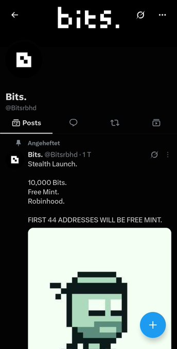 Screenshot of the Bits (@Bitsrbhd) profile on a social platform, featuring a pinned post about a 'Stealth Launch' offering 10,000 Bits with free mint for the first 44 addresses.