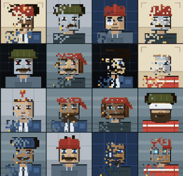 A grid of 16 pixel art character portraits featuring various pirate-themed faces with different hats, eye patches, and bandanas.