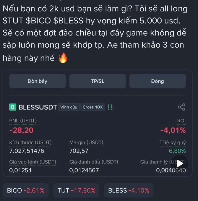 Vietnamese social media post asking about investing 2k USD in $TUT $BICO $BLESS tokens hoping to earn 5,000 USD, showing a position card for BLESSUSDT with -28.20 PNL (-4.01% ROI), alongside losses on BICO (-2.61%), TUT (-17.30%), and BLESS (-4.10%).