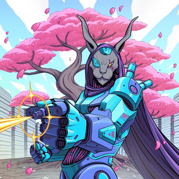 An anime-style illustration of a horned feline warrior in blue and purple armor aiming a glowing weapon, set against a backdrop of pink cherry blossom trees.