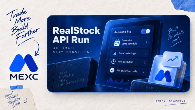 A promotional banner for MEXC cryptocurrency exchange advertises 'RealStock API Run' with the tagline 'Trade More Build Further' and mentions features like recurring buys and auto execution.