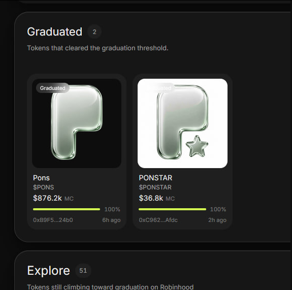 A dark-themed interface displays a "Graduated" section showing two tokens that cleared the graduation threshold: $PONS at $876.2k market cap (graduated 6h ago) and $PONTSTAR at $36.8k market cap (graduated 2h ago), both at 100% on green progress bars, with an "Explore" section of 51 more tokens below. The image ties to the post's nostalgic memory of $PONTSTAR being the first meme seen on the Pons platform upon its launch.