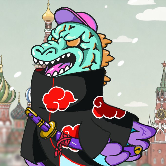 The image features a cartoon dinosaur wearing a black outfit with a red cape and holding a sword. The dinosaur appears to be dressed up as a character from a video game, specifically as a character from the game "Minecraft". The dinosaur's costume includes a hat that is purple and pink in color. The background of the image shows a city skyline, which adds an urban element to the scene.