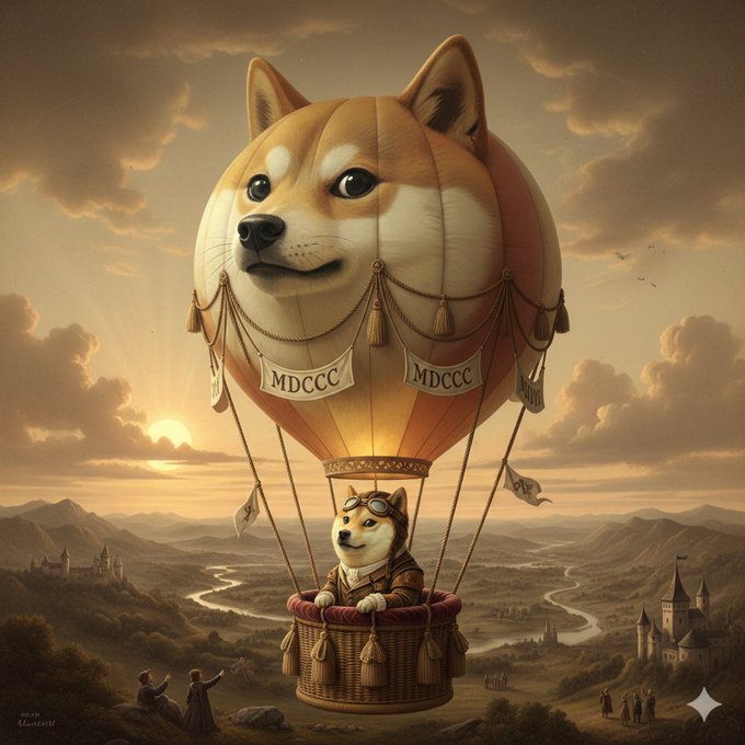 A vintage hot air balloon shaped like a Shiba Inu dog's head with banners reading "MDCCC" floats above a landscape, piloted by a small Shiba Inu wearing goggles.