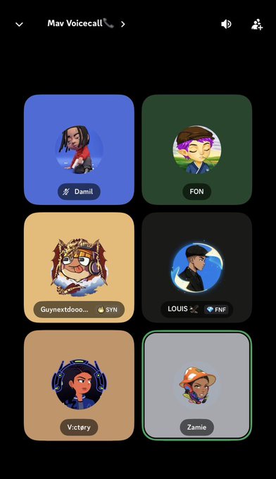 A "Mav Voicecall" interface showing six participant avatars with usernames including DamiI, FON, Guynextdoo..., LOUIS, Victory, and Zamie.