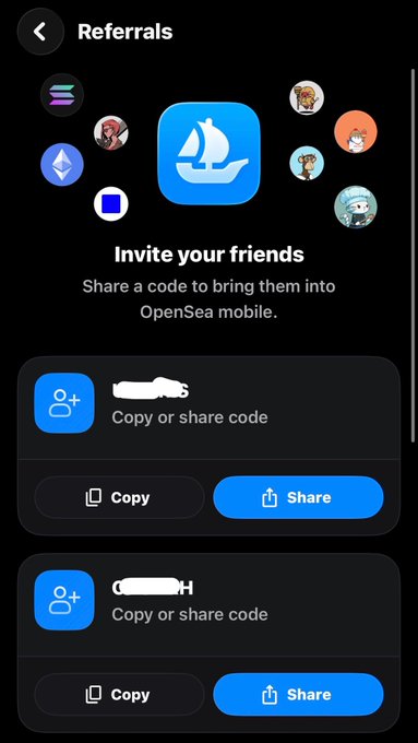 A screenshot of the OpenSea mobile app's "Referrals" page showing an "Invite your friends" section with two referral codes that can be copied or shared. The image supports the post by providing two OpenSea mobile invite codes for followers to use.