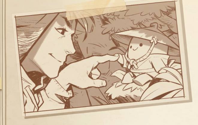 A sepia-toned illustration showing a person pointing at a small, smiling character wearing a pointed hat, appearing to be in a forest setting.