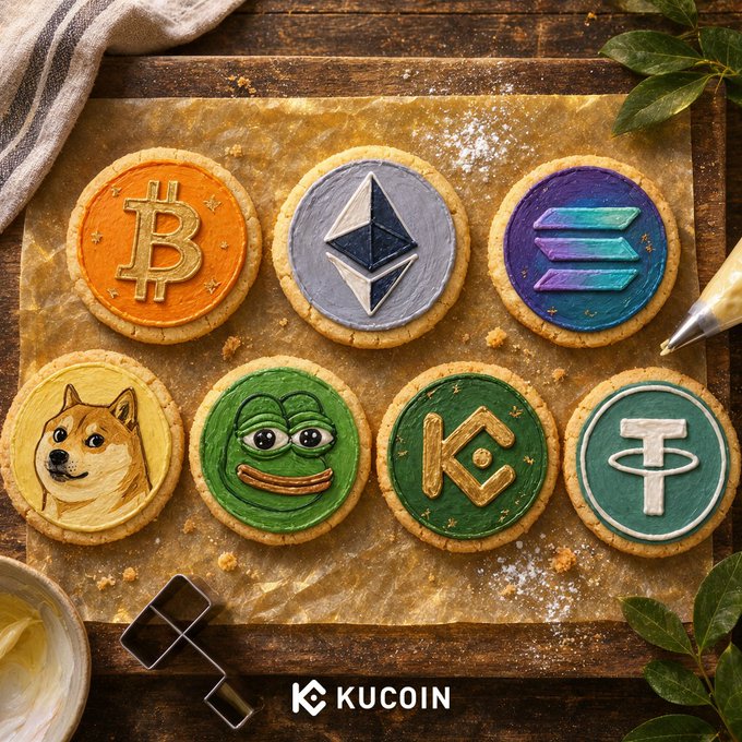 A tray of colorful cryptocurrency-themed cookies features BTC, Ethereum, Solana, DOGE, PEPE, and KuCoin logos alongside the KUCOIN branding. The image illustrates the accompanying post’s “Food For Your Thought” promotion and 5,000 USDT giveaway.