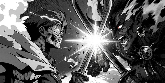 The image depicts a scene of two characters fighting with swords, one holding a sword while the other has a shield. They are both wearing armor for protection during their battle. The background shows a dark sky filled with clouds, adding intensity to the scene. The image also includes text that reads "The fight………… Began for a legendary key Now, they all fight for leader eight elements, eight men, and one gate Each men rose in silence, different beliefs, same answer to the question Who decides the future? The keys? The leaders? The Gate opens on June 5, on OpenSea". This text seems to be related to the ongoing battle between the two characters.