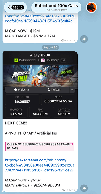 A Telegram post from “Robinhood 100x Calls” promotes a $100,000 Robinhood challenge and highlights calls on $AI, showing Robinhood at a $65M market cap rising to $300M after five days. The screenshots also show token details and projected market caps, including “M.CAP NOW – $12M / $65M” and “MAIN TARGET – $53M–$77M / $220M–$250M.”