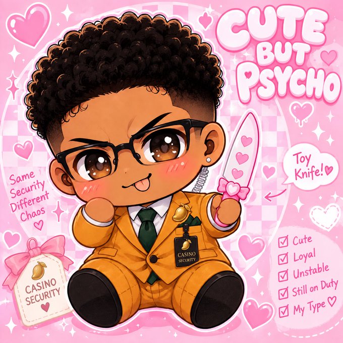 A chibi-style illustration titled 'CUTE BUT PSYCHO' featuring a cute character in a yellow suit with glasses holding a pink knife, labeled 'Casino Security' with traits including Cute, Loyal, Unstable, and Still on Duty.