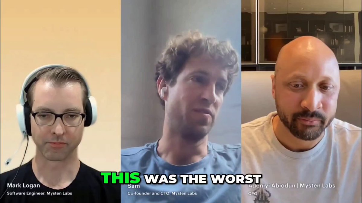 The image shows three different photos of men wearing headphones with the caption "This was the worst" below each photo. The first photo features a bald man wearing glasses and a black t-shirt, while the second photo has a man with curly hair wearing a blue shirt. The third photo depicts another bald man in a white t-shirt. These images are arranged in a row to create an eye-catching visual representation of the post's message about the three men experiencing outages during their 48-hour period.