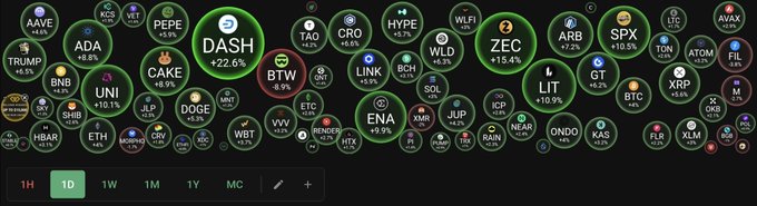 A cryptocurrency market dashboard showing various coins with their 1-day percentage changes, with DASH +22.6%, ZEC +15.4%, ARB +7.2%, and LINK +3.0% being notable gainers among many others.