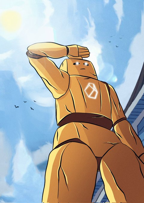 An anime-style illustration of a golden golem-like robot with a hexagonal crystal on its chest, posing dramatically against a cloudy blue sky with sunlight.